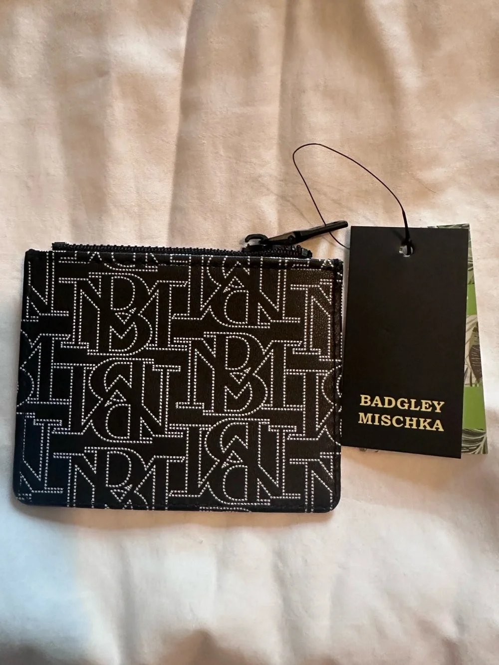 Badgley Mischka NWT Black Monogram Vegan Leather Mini Credit Card Holder Wallet